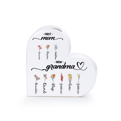 Personalized Ceramic Heart Vase with 2–12 Birthflowers and Names