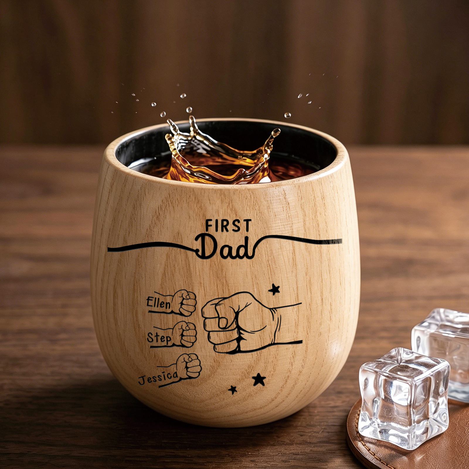 Personalized Wooden Whiskey Cup for Dad Grandpa Customized with 2-12 Names and Fist Bumps