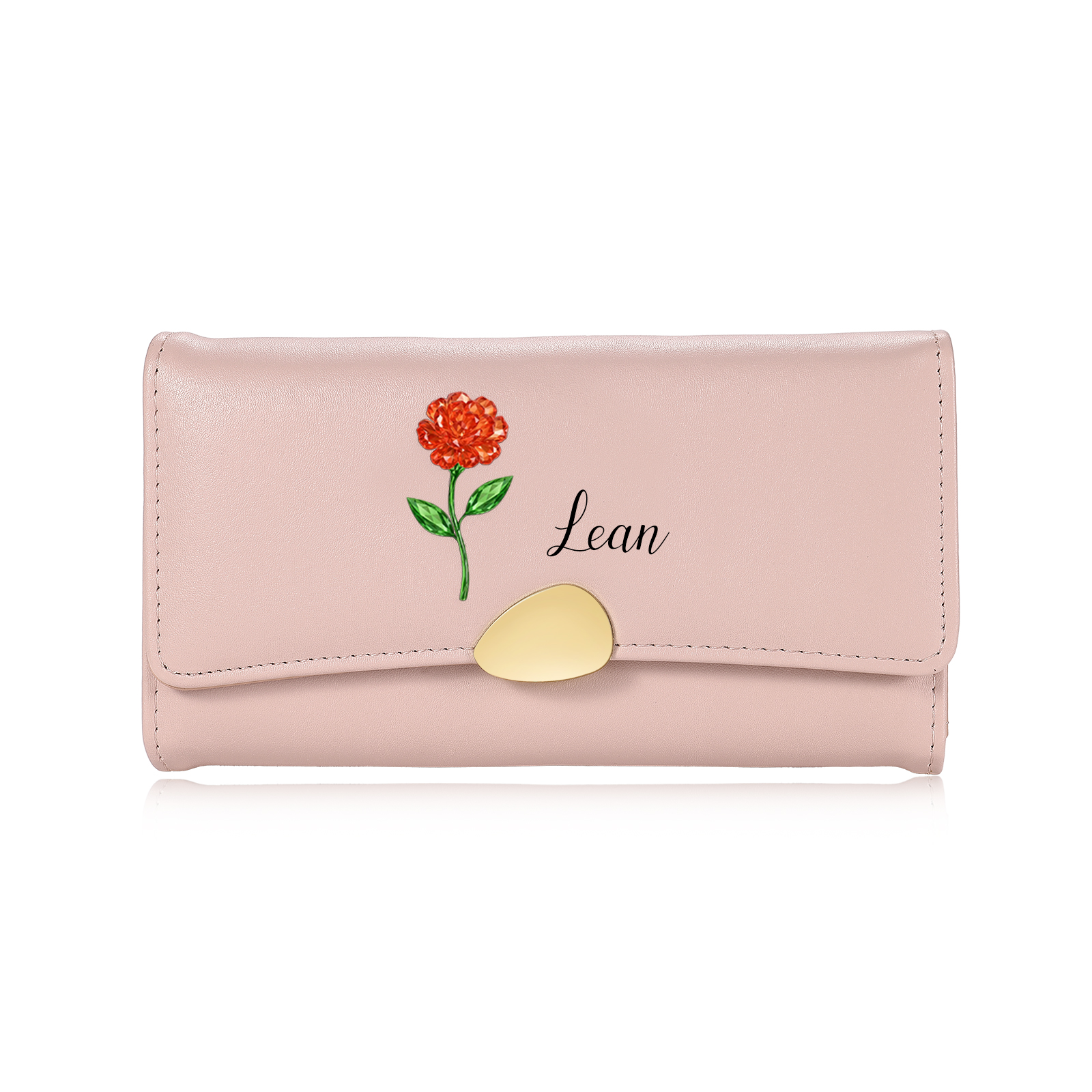Personalized Long Women Leather Wallet Custom with Birth Flower and Name