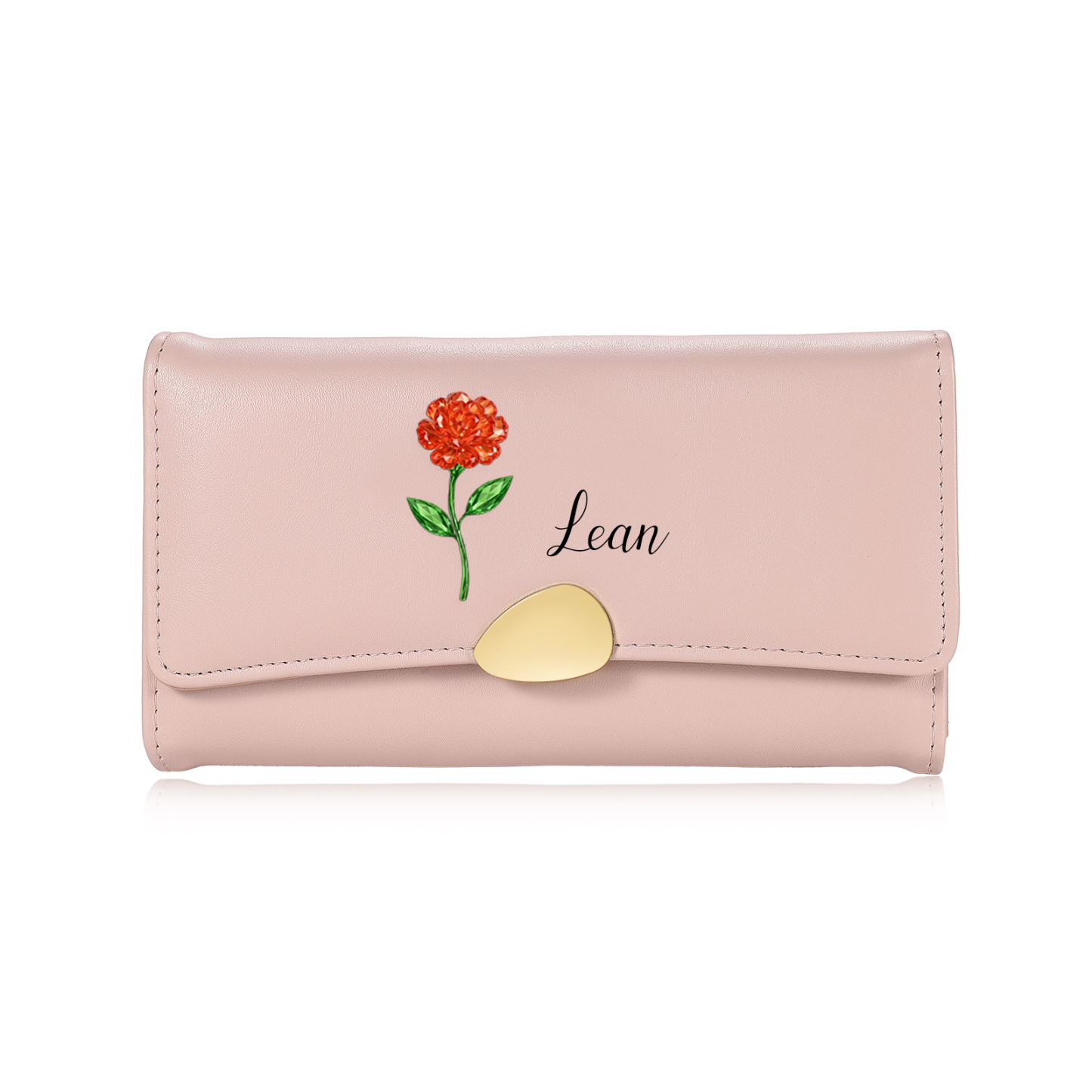 Personalized Long Women Leather Wallet Custom with Birth Flower and Name