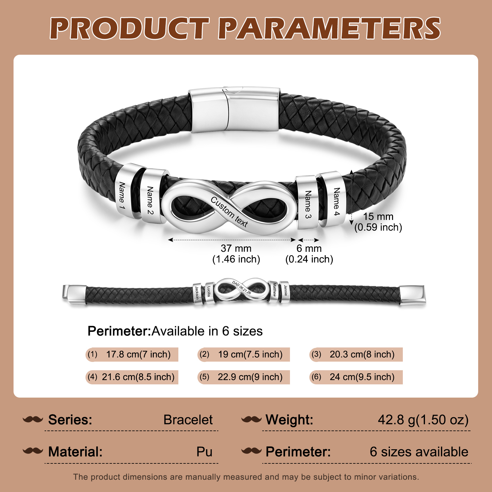 Personalized Infinity Men Bracelet Custom with 2–6 Names Braided Leather Bracelet