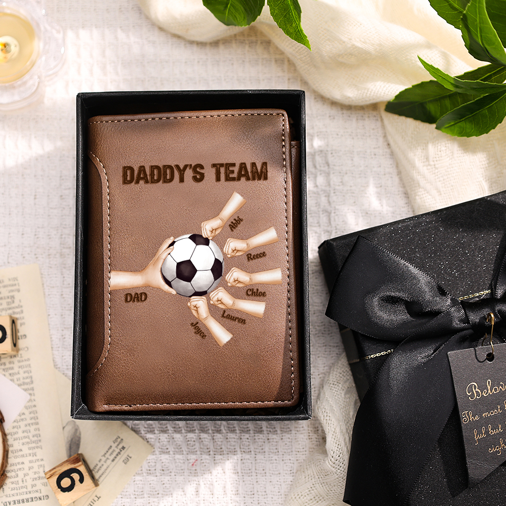 Personalized Football Leather Wallet for Dad with 2–6 Kids Names and Fist Bump Design Custom Gift for Dad from Kids Father’s Day and Birthday Gift for Dad | Jessemade