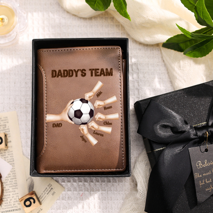 Personalized Football Leather Wallet for Dad with 2–6 Kids Names and Fist Bump Design Custom Gift for Dad from Kids Father’s Day and Birthday Gift for Dad | Jessemade