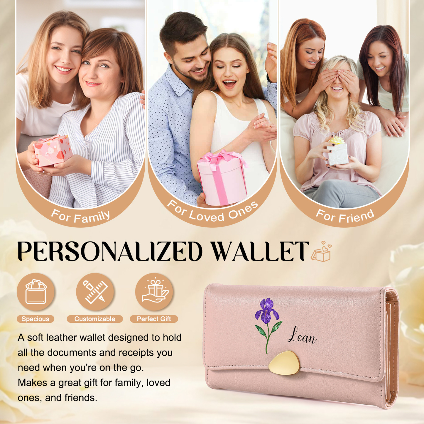 Personalized Long Women Leather Wallet Custom with Birth Flower and Name