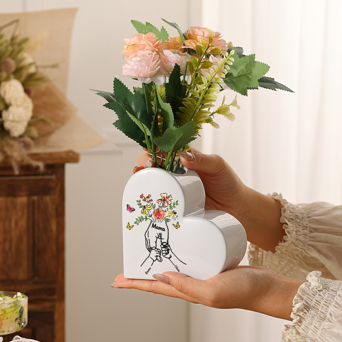 Personalized ceramic heart vase custom with text and 2–8 children’s names