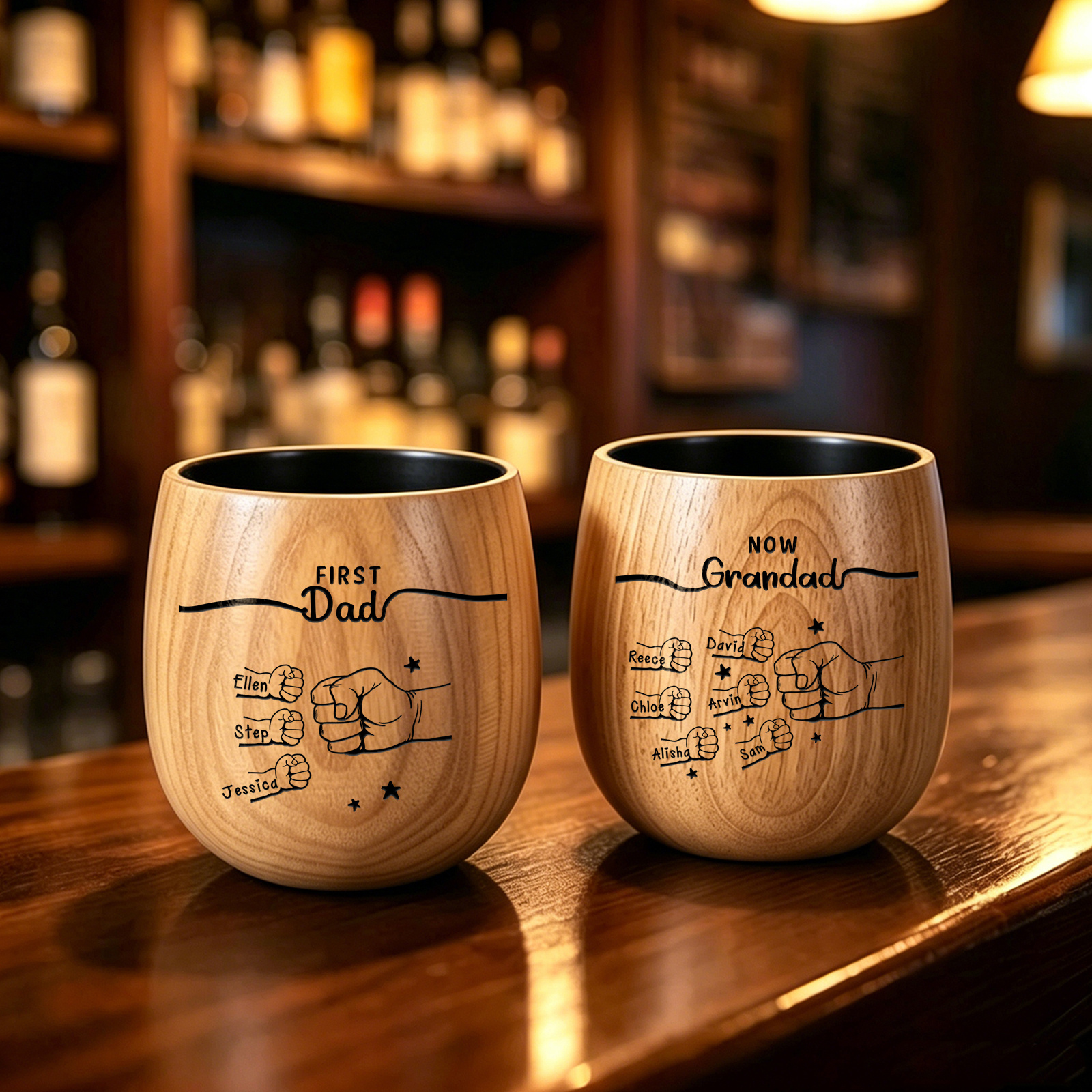 Personalized Wooden Whiskey Cup for Dad Grandpa Customized with 2-12 Names and Fist Bumps