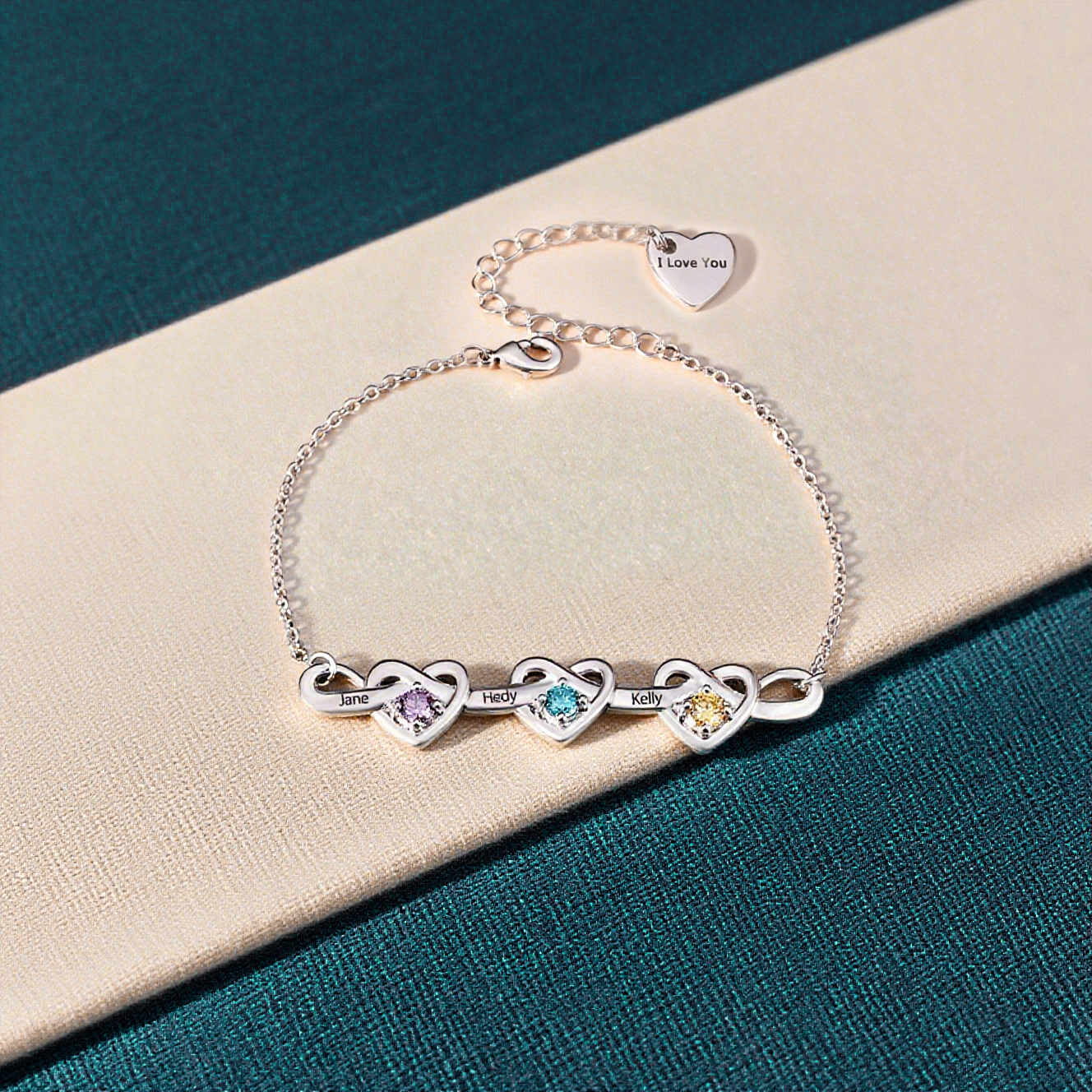 2-8 Names-Personalized Linked Heart Bracelet With 3 Birthstones Engraved Names And Text Bangle For Her | Jessemade