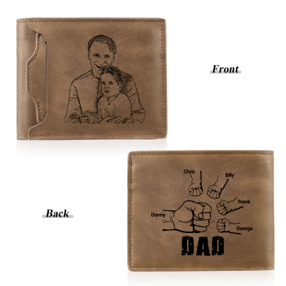 5 Names - Personalized Photo Custom Leather Men's Folding Wallet as a Father's Day Gift for Dad