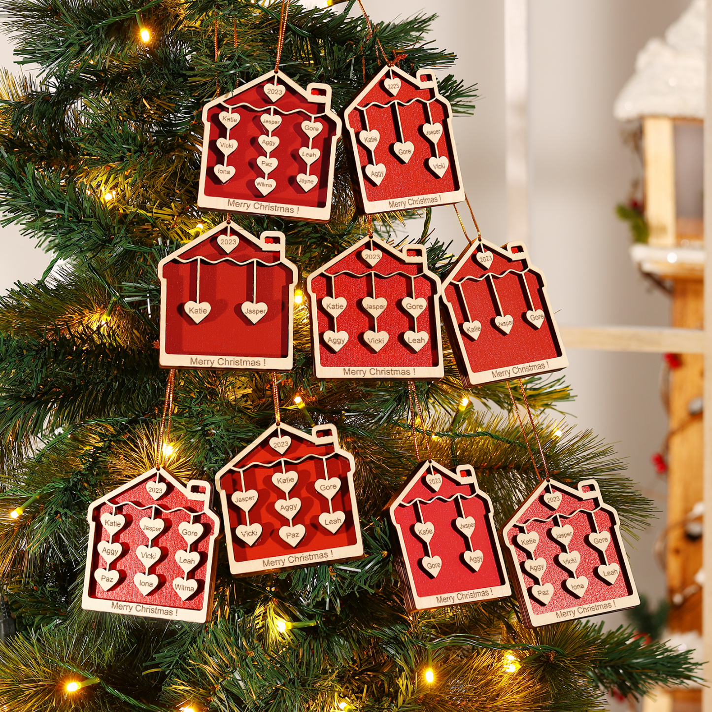 8 Names-Personalized Family Wooden Christmas Xmas Tree Decoration Ornament-Custom 8 Names And Year Hanging Ornament Gifts For Family