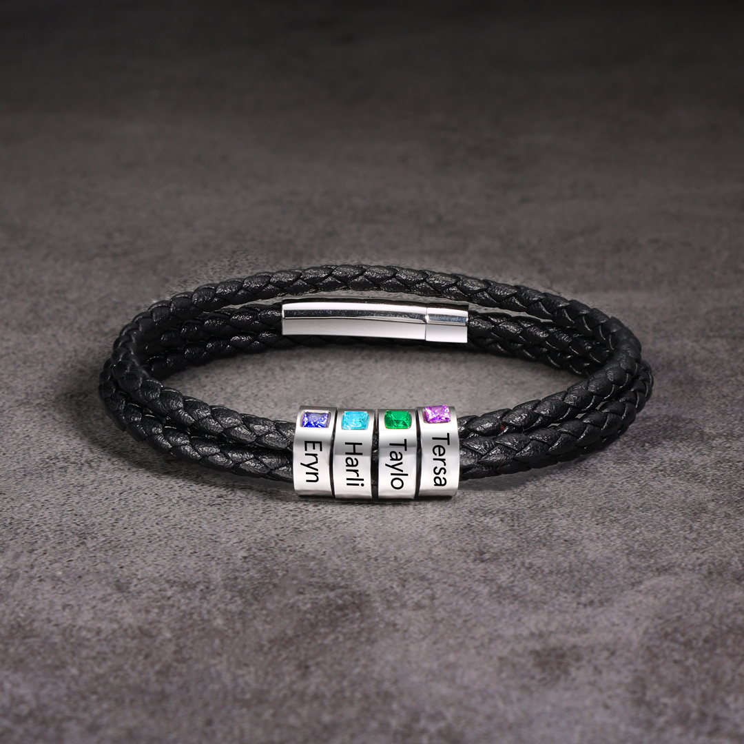 Personalized 3 Layer Leather Bracelet with 3 Beads Engraved Names Men's Bracelets for Him