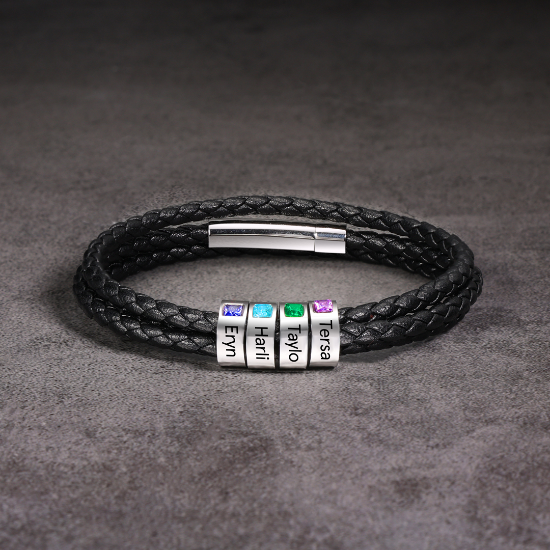 Personalized 3 Layer Leather Bracelet with 3 Beads Engraved Names Men's Bracelets for Him
