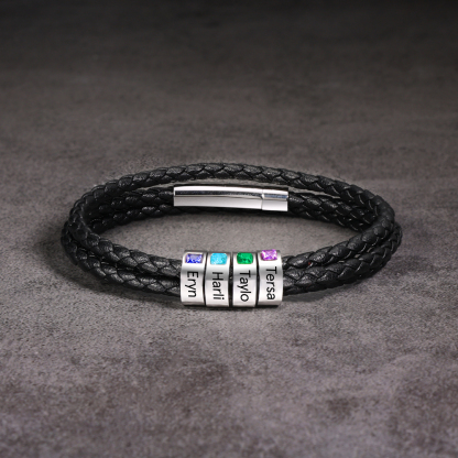 Personalized 3 Layer Leather Bracelet with 3 Beads Engraved Names Men's Bracelets for Him