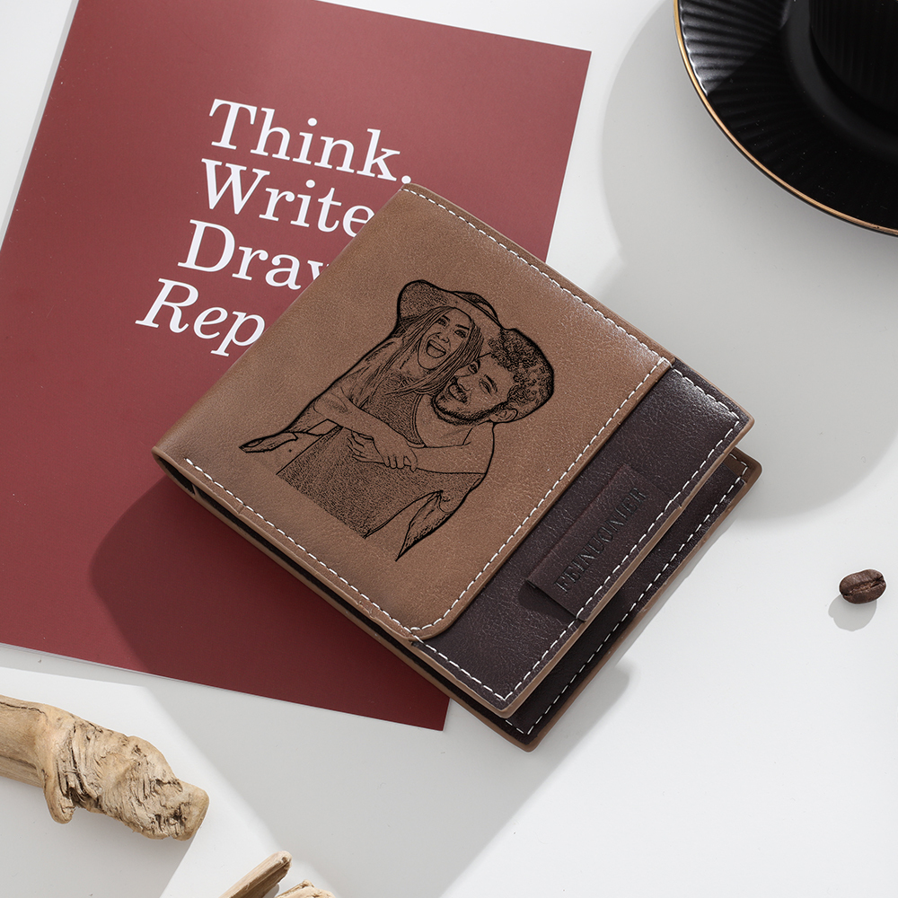 Brown Personalized Leather Wallet Engraved Photo Short Purse Folding Wallet Gifts For Men