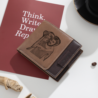Brown Personalized Leather Wallet Engraved Photo Short Purse Folding Wallet Gifts For Men