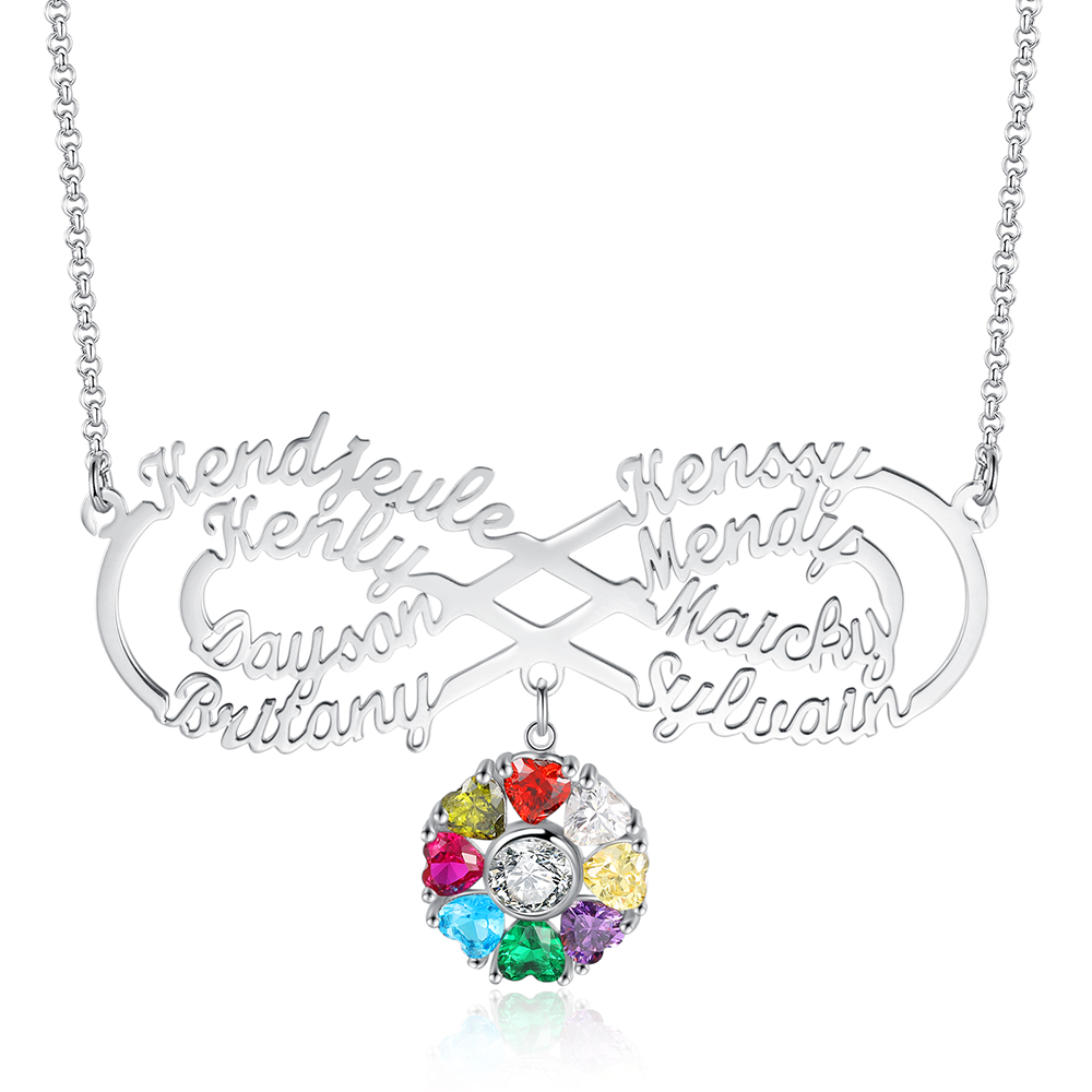 Personalized Infinity Necklace With 8 Birthstones Engraved Names Necklace Gift For Women