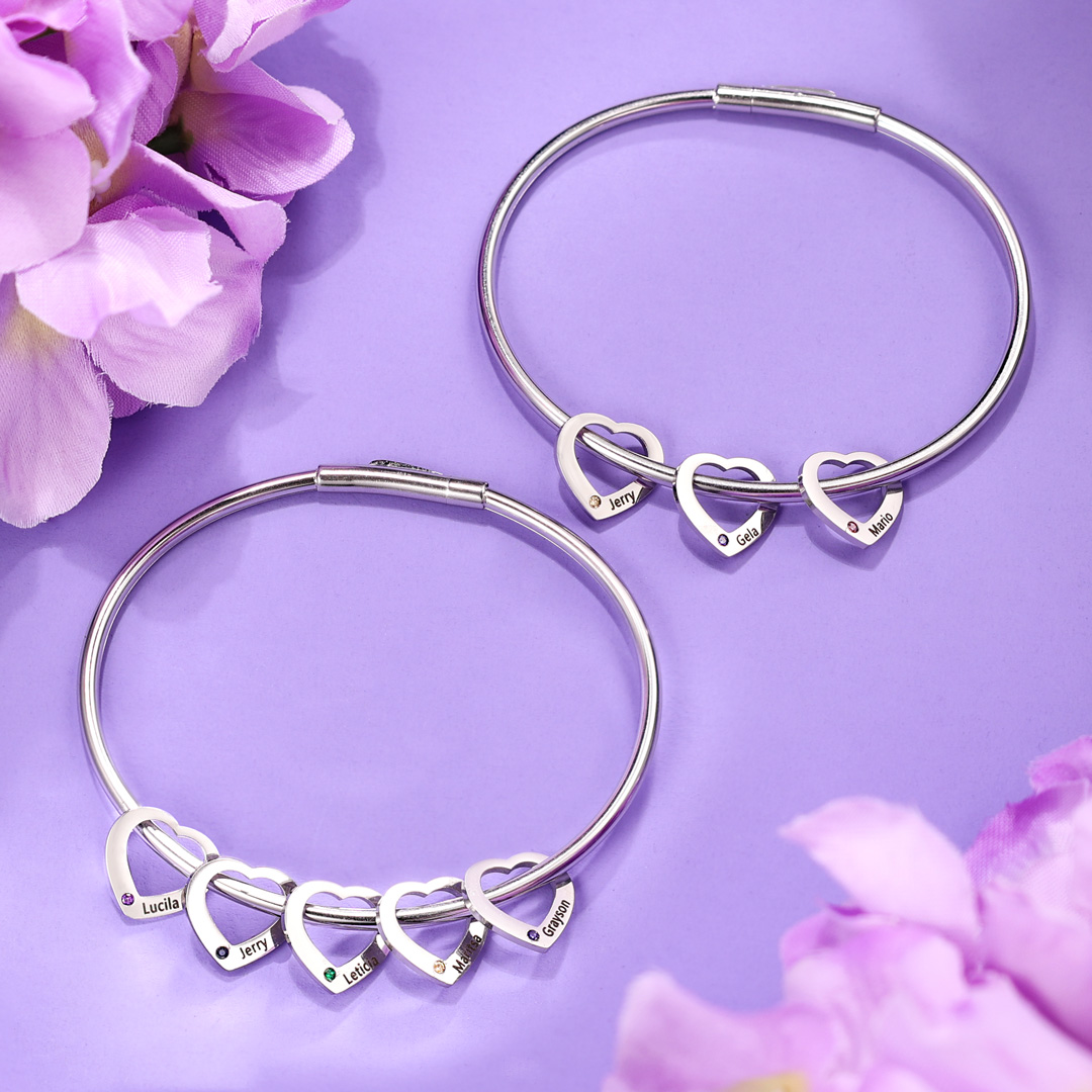 2 Names-Personalized Heart Bracelet and Necklace Set With 2 Birthstones Bangle Engraved Names Bracelet and Necklace Gift For Women