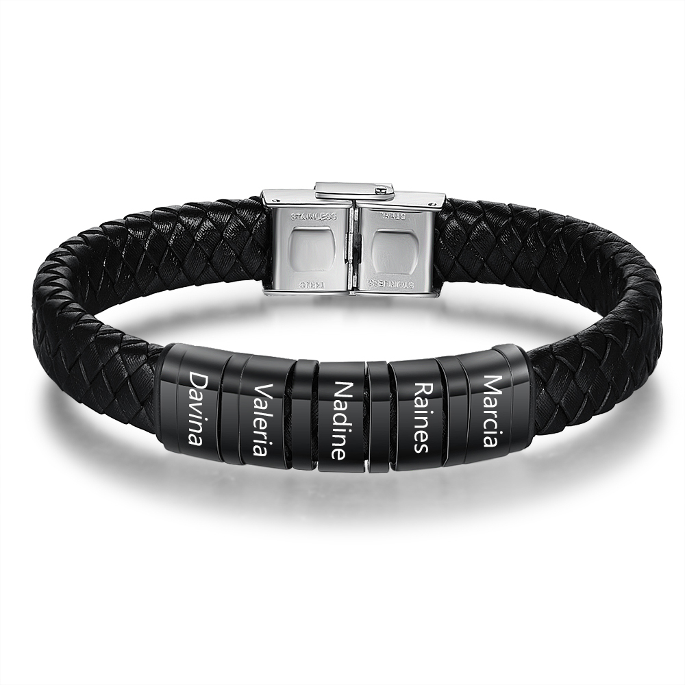 6 Names-Personalized Braided Leather Bracelet Custom Men's Bracelet Engraved 6 Names for Him