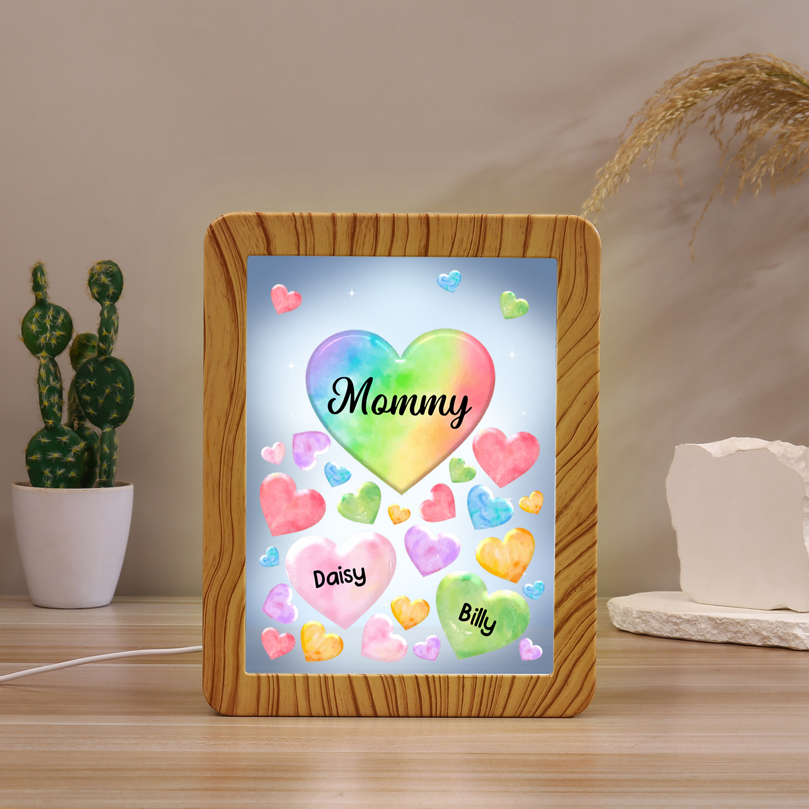 2 Names - Personalized Mom Home Wood Color Plug-in Mirror Photo Frame Custom Text LED Night Light Gift for Mom