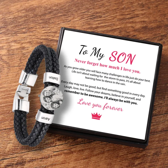 Personalized Photo Bracelet with 2 Names Leather Bracelet Beaded Wrap