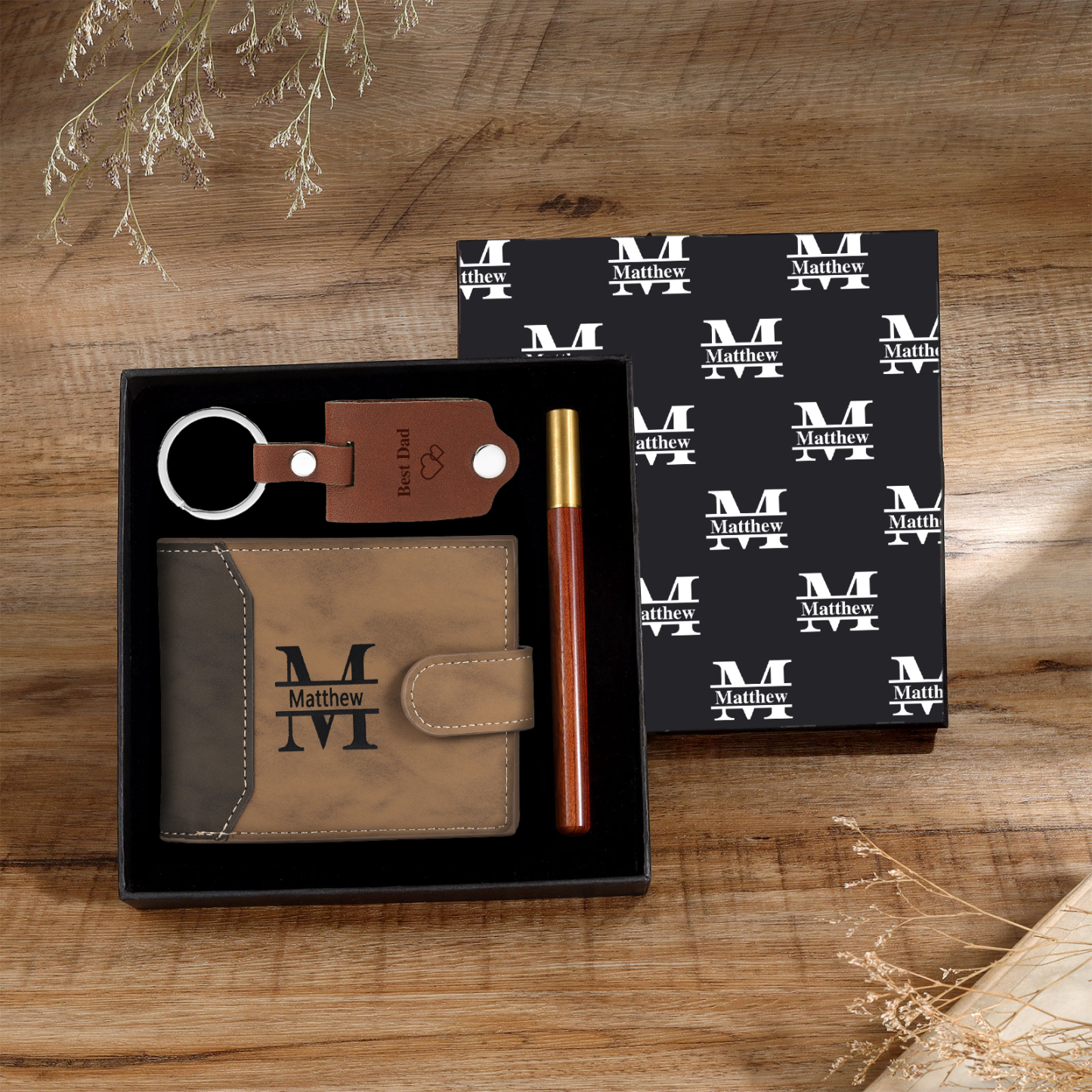 Personalized Leather Wallet Gift Box Set with Keychain Customizable Photo,Text ,Name and Letter Wallet Gift for Him