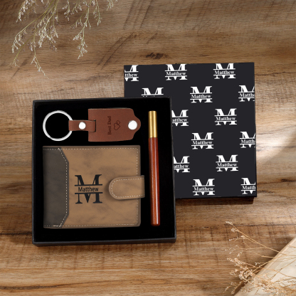 Personalized Leather Wallet Gift Box Set with Keychain Customizable Photo,Text ,Name and Letter Wallet Gift for Him