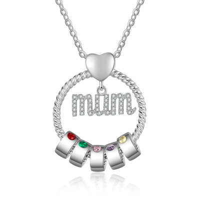 Personalized Circle Necklace With 5 Birthstones Pendant Engraved Names Gift For Mum