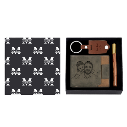 Personalized Leather Wallet Gift Box Set with Keychain Customizable Photo,Text ,Name and Letter Wallet Gift for Him