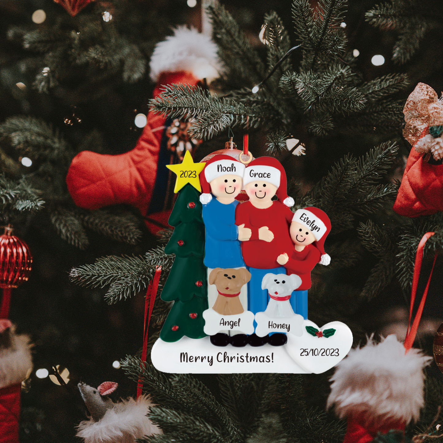 5 Names-Personalized Family Wooden Christmas Xmas Tree Decoration Ornament-Custom 5 Names And Dates Hanging Ornament Gifts For Family