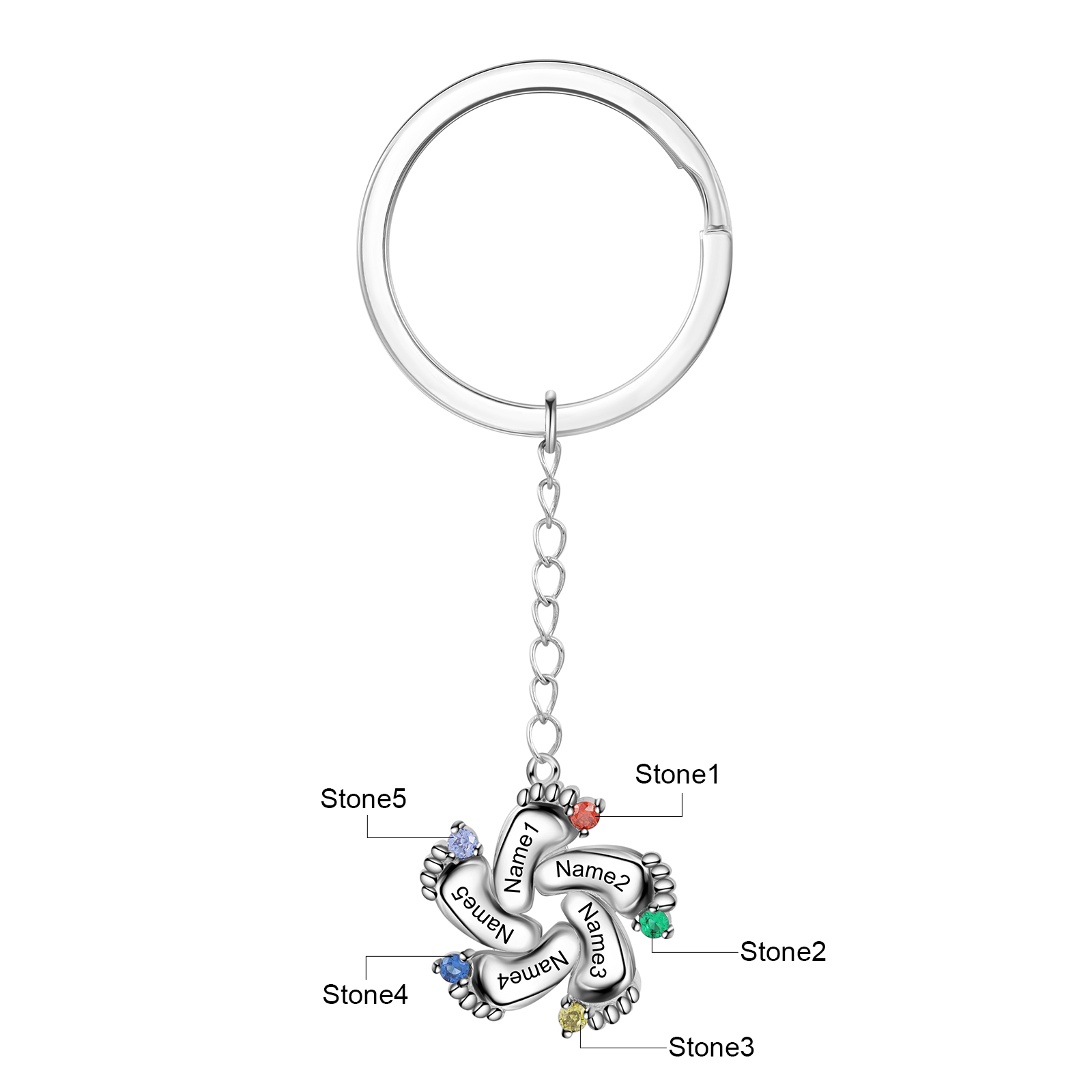 Personalized Baby Feet Keychain With 5 Birthstones Engraved names Keychain Gifts For Mother