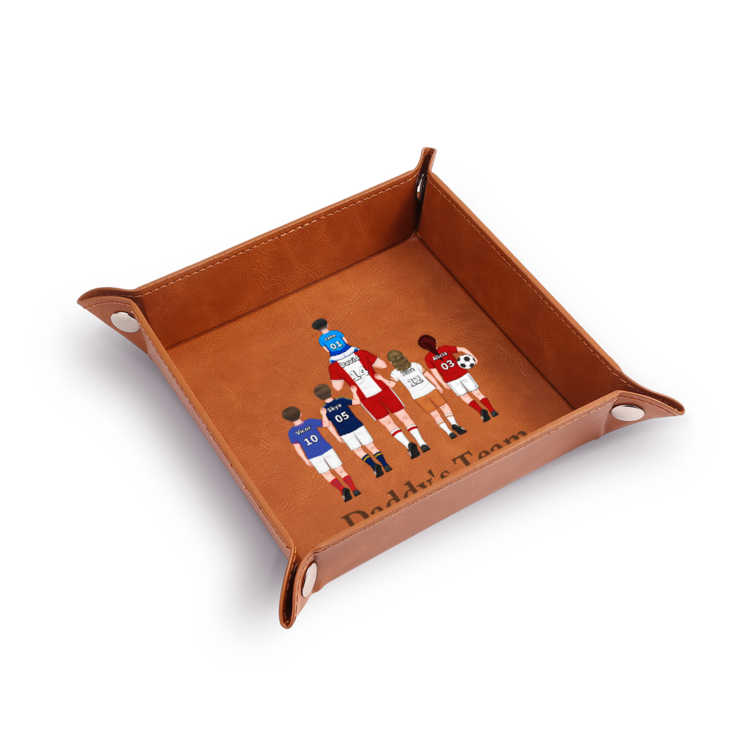 Personalized Leather Valet Tray Soccer Family Customized with 1-8 Names Gift For Dad Or Grandpa