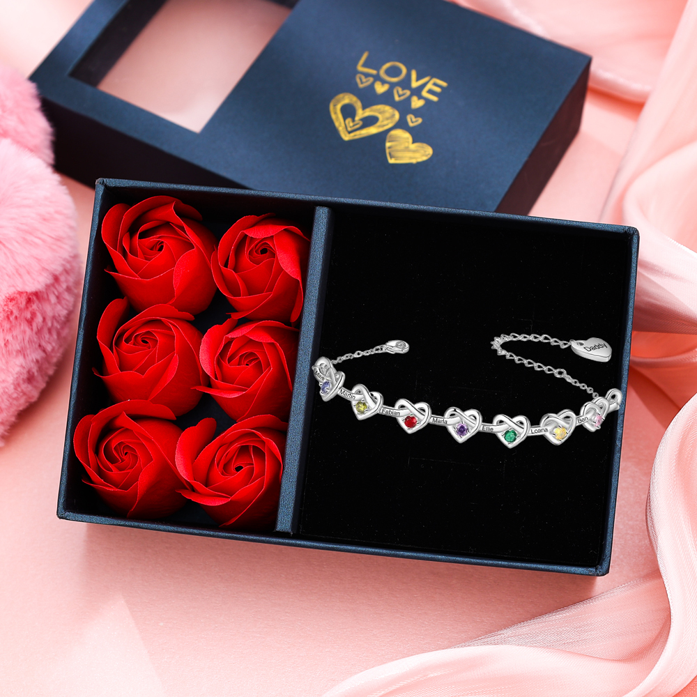 2-8 Names-Personalized Linked Heart Bracelet With 3 Birthstones Engraved Names And Text Bangle For Her | Jessemade