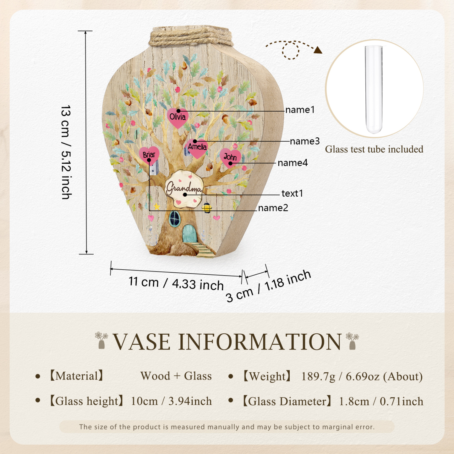 4 Names - Personalized Custom Text and Name Wooden Ornament Vase for Family