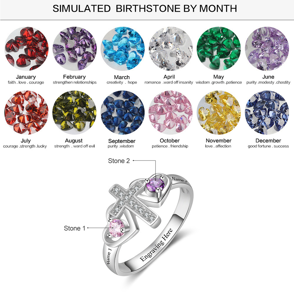 S925 Silver Ring Personalized 2 Birthstones Cross Ring With Names Gifts For Her