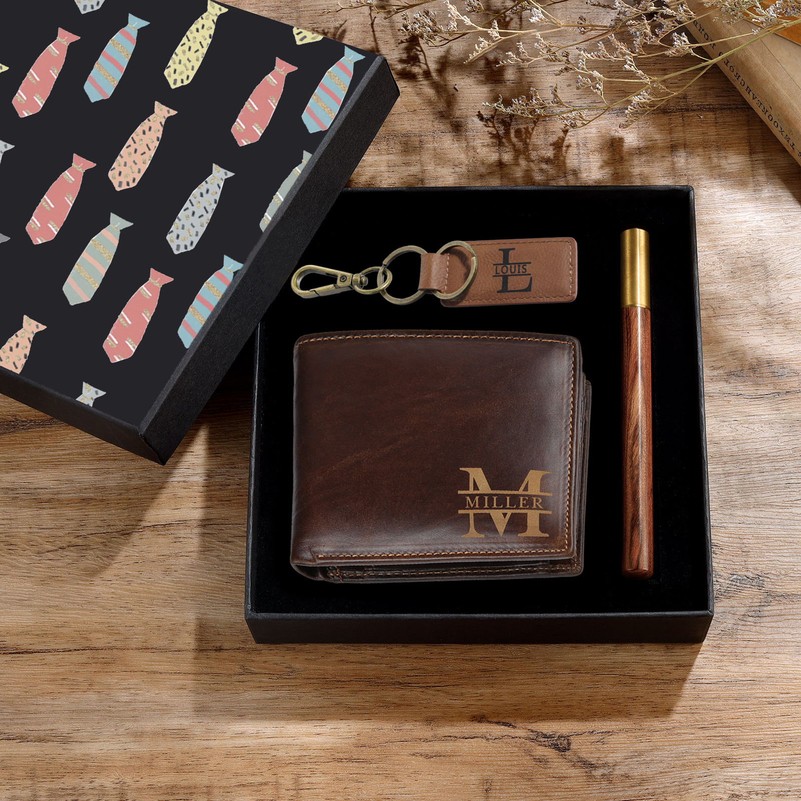 Personalized Leather Wallet Gift Box Set with Letter Name Keychain Customizable Text Wallet Gift for Him