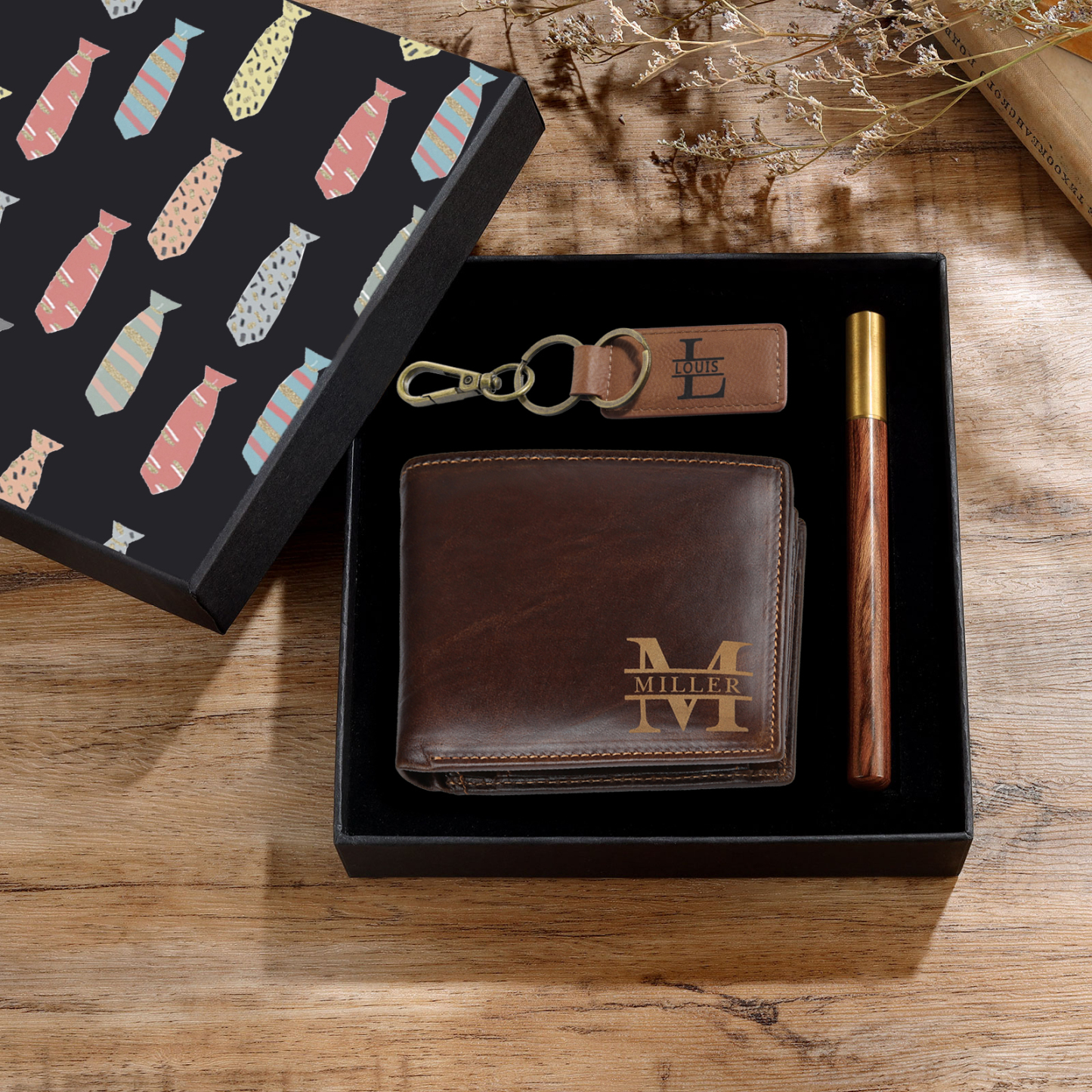 Personalized Leather Wallet Gift Box Set with Letter Name Keychain Customizable Text Wallet Gift for Him