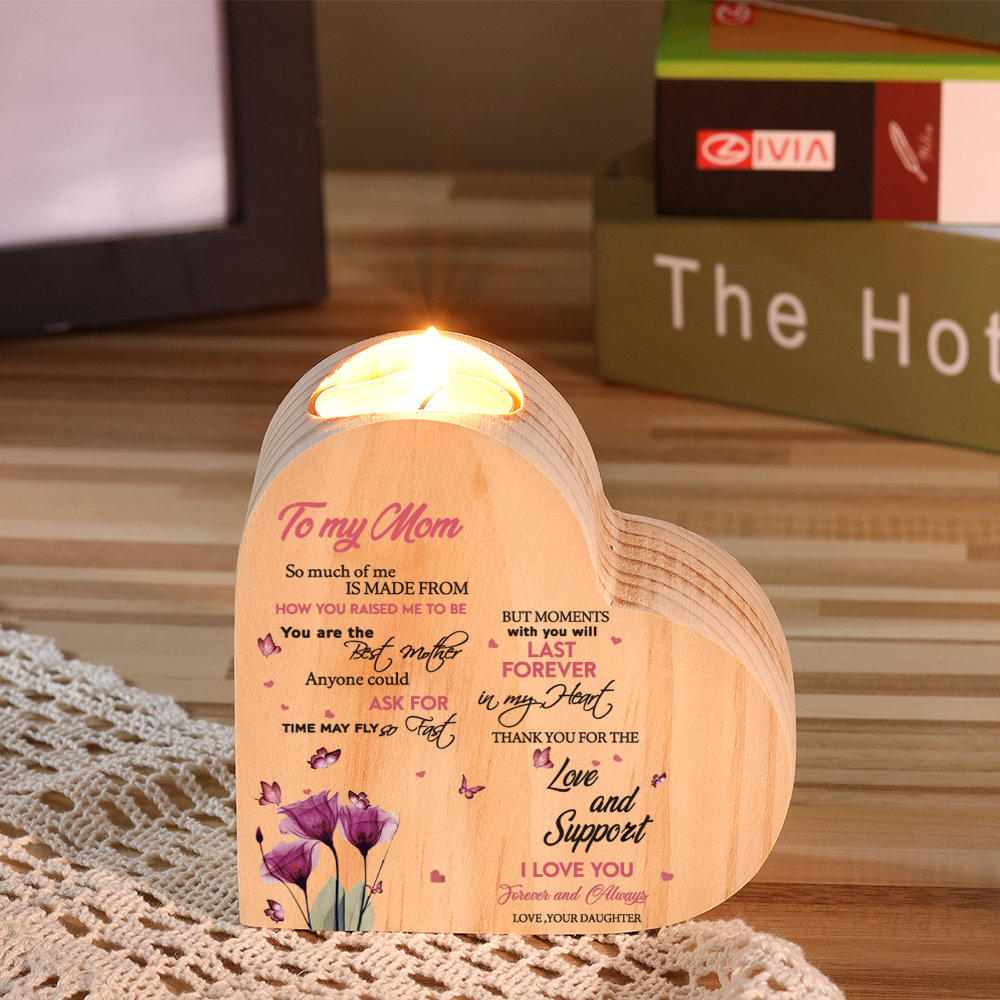 To My Mom-Wooden Heart Candle Holder Flower Candlesticks "Thank you for the love and support" Gifts For Mother