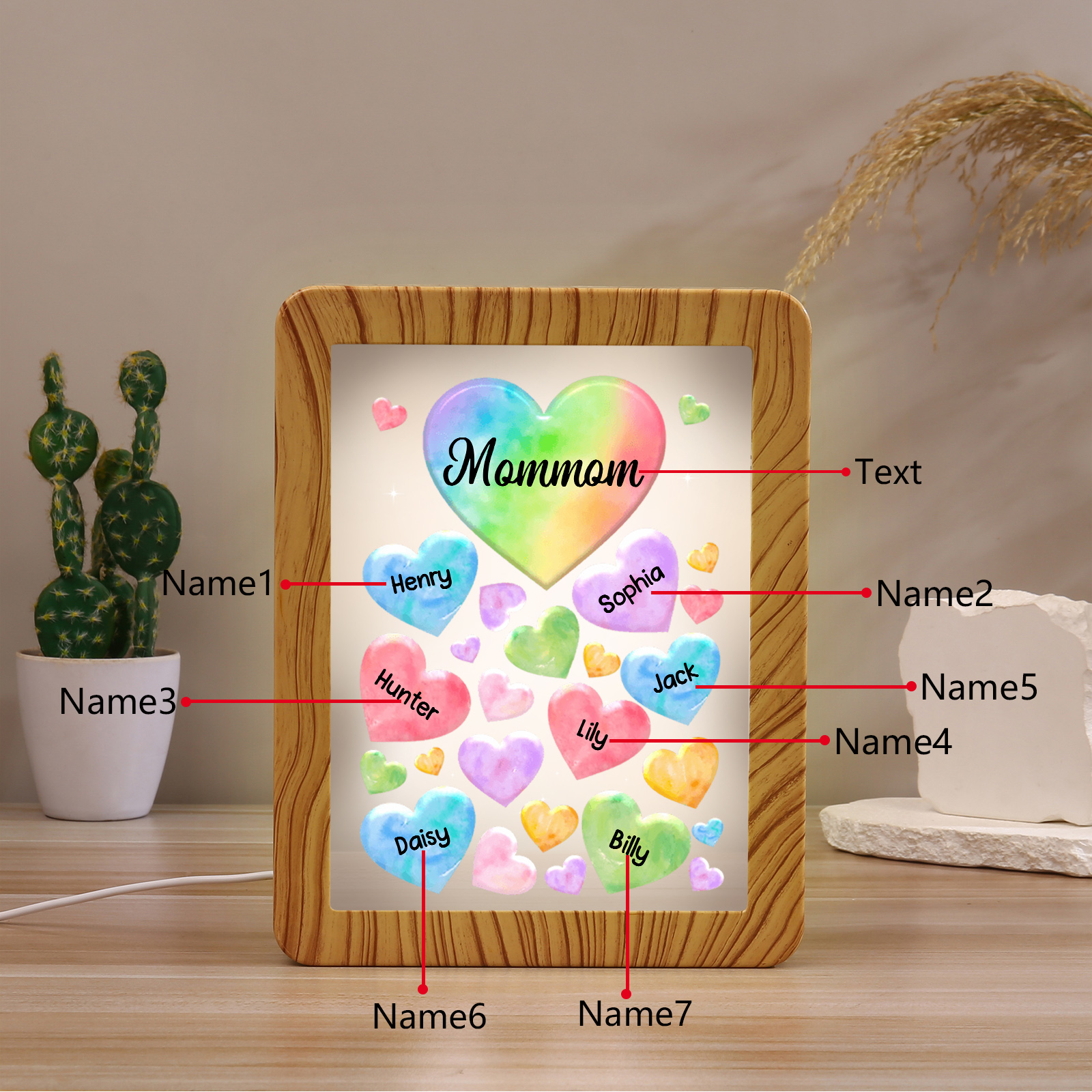 7 Names - Personalized Mom Home Wood Color Plug-in Mirror Photo Frame Custom Text LED Night Light Gift for Mom