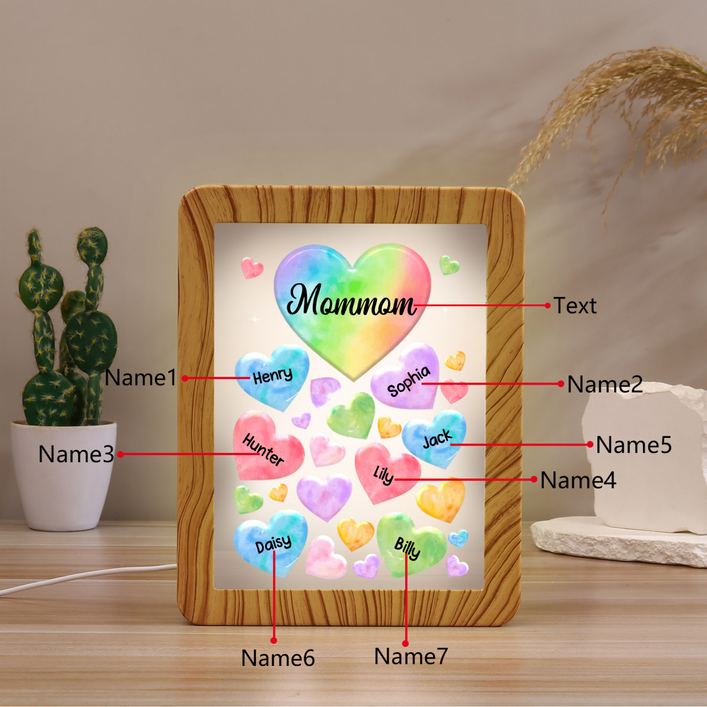 7 Names - Personalized Mom Home Wood Color Plug-in Mirror Photo Frame Custom Text LED Night Light Gift for Mom