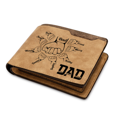 9 Names - Personalized Fist Bump Pattern Custom Name Leather Men's Wallet as a Father's Day Gift for Dad