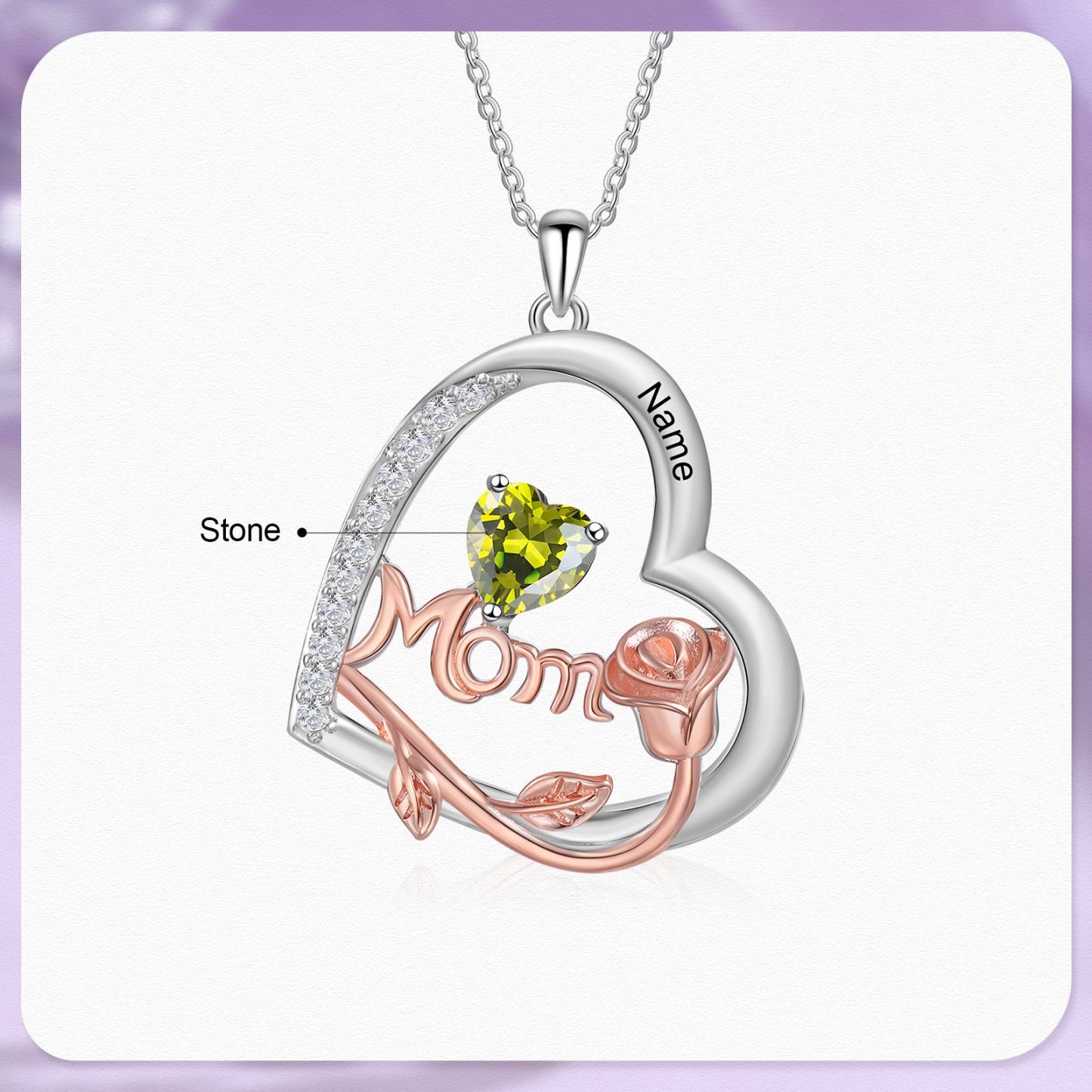 1 Name - Personalized Silver Heart Necklace with Birthstone and Name as a Mother's Day Gift for Mom