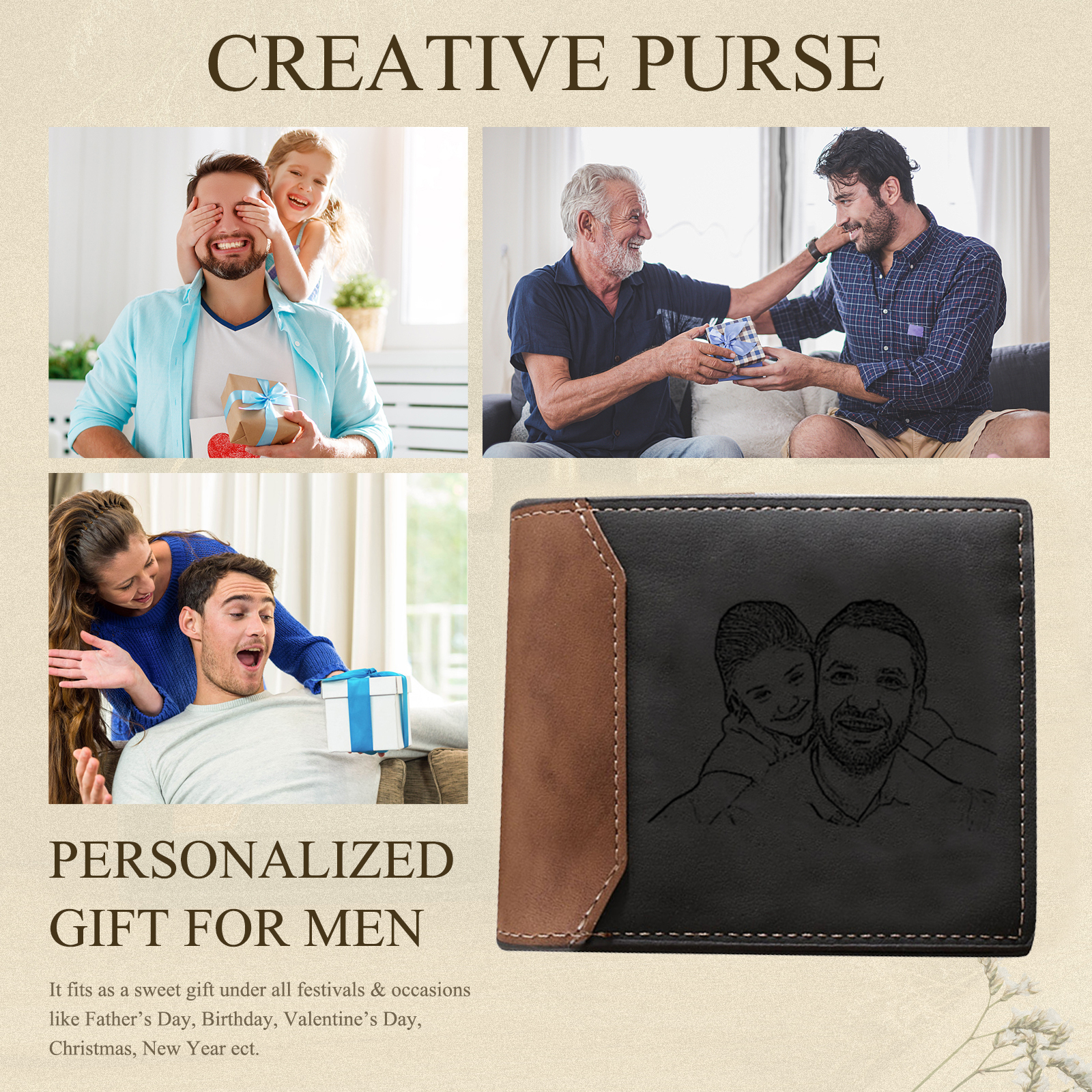 Personalized Leather Wallet Gift Box Set Keychain, Customizable Photo Name Letter Wallet Gift for Dad