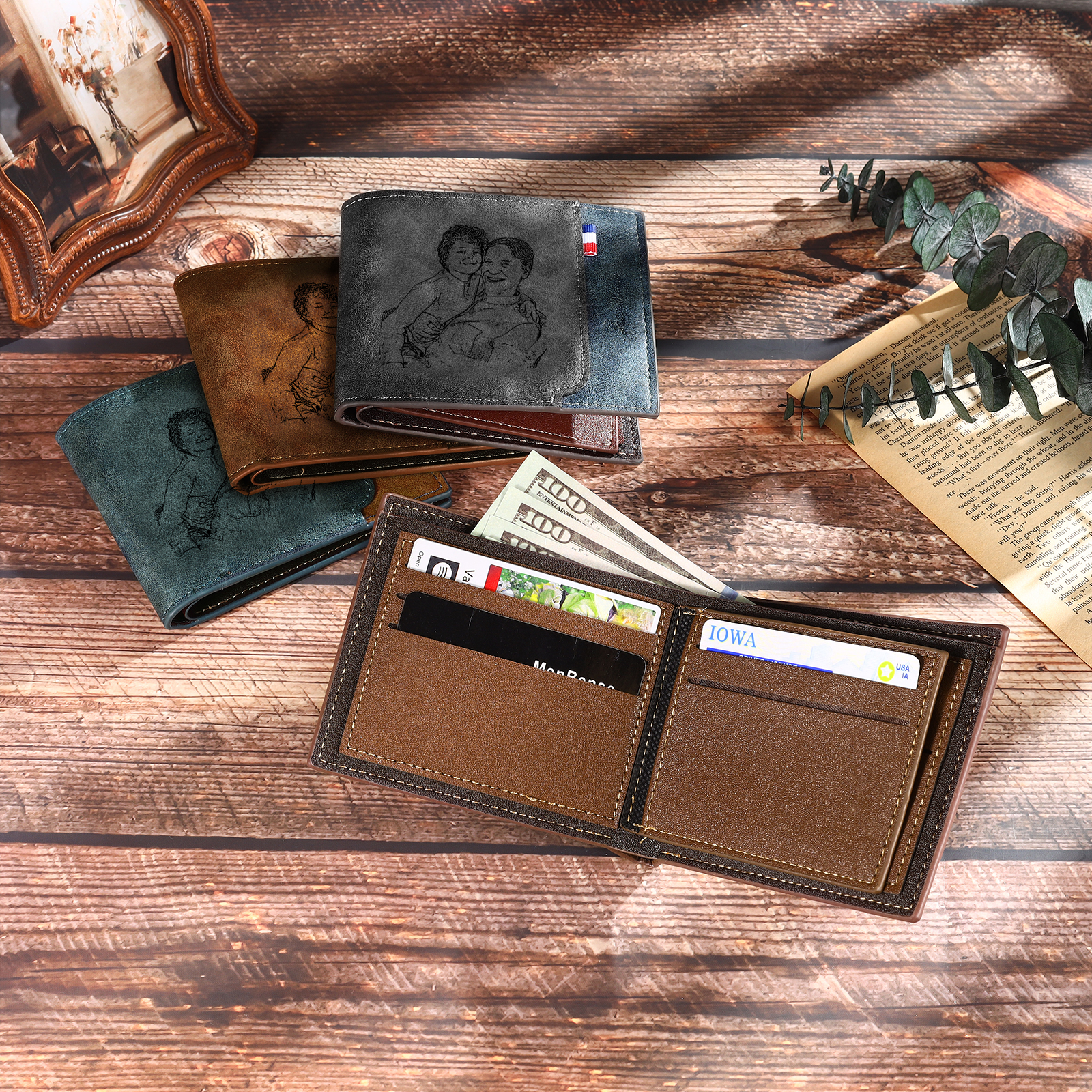4 Names - Personalized Photo Custom Leather Men's Wallet as a Father's Day Gift for Dad