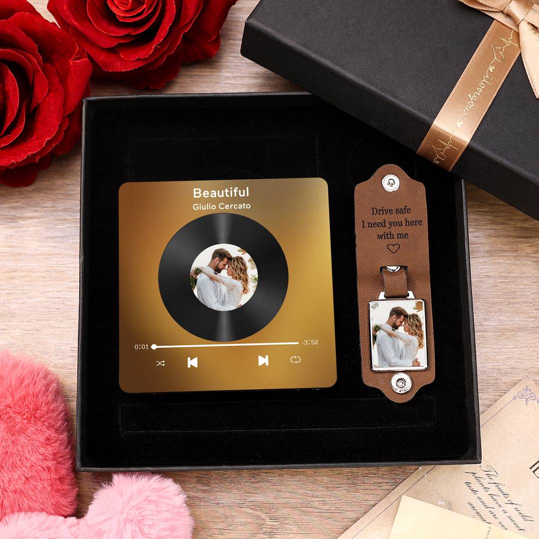 Valentine’s Day Gift for Couples – Custom Music Photo Magnet, Leather Keychain with Photo & Texts, and Premium Gift Box | Jessemade