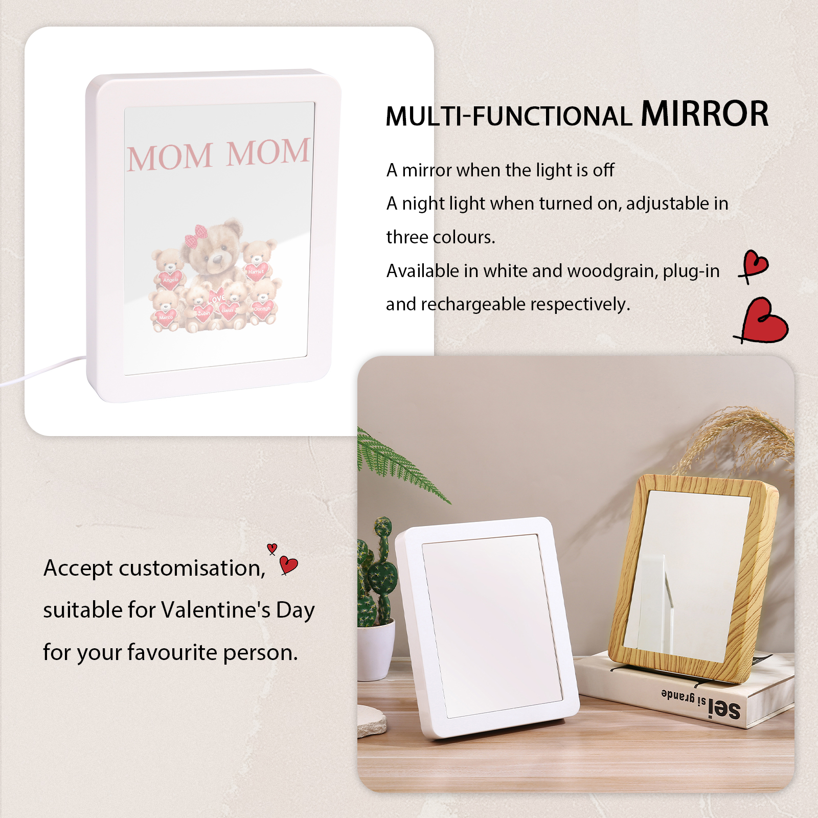 6 Names - Personalized Mum Home Bear Style Custom Text LED Night Light Gift for Mum