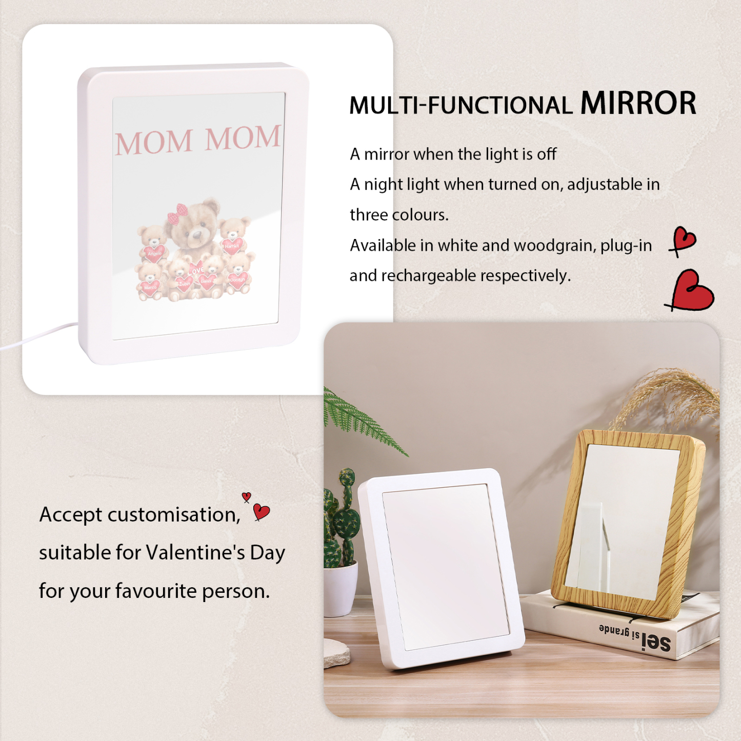 6 Names - Personalized Mum Home Bear Style Custom Text LED Night Light Gift for Mum