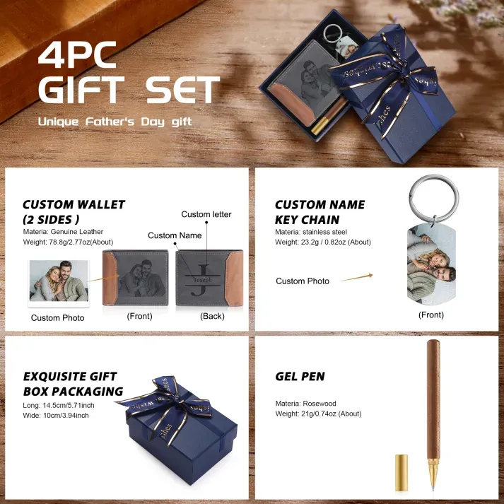 Personalized Men's Wallet Set with Custom 2 Photos & 1 Names &1 Letter & 1 Text Anniversary/Christmas Gift for Him | Jessmade