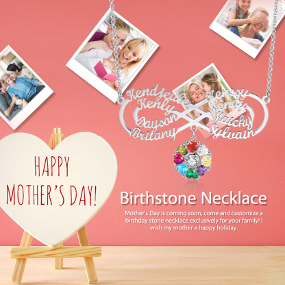 Personalized Infinity Necklace With 8 Birthstones Engraved Names Necklace Gift For Women