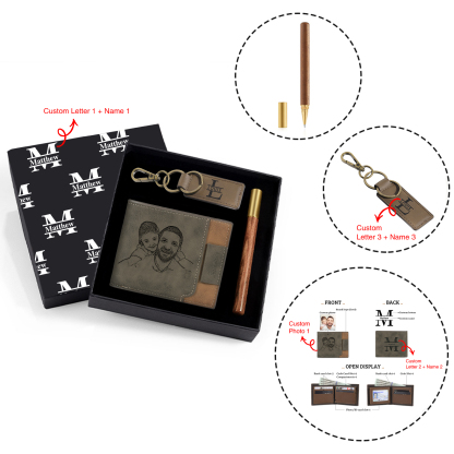 Personalized Leather Wallet Gift Box Set with Letter Name Keychain Customizable Photo Wallet Gift for Him