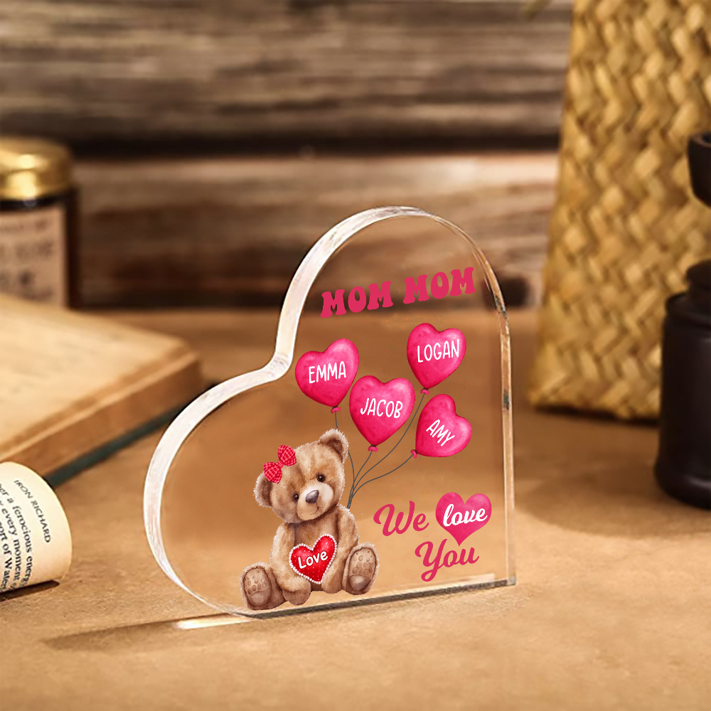 4 Names-Personalized Bear Acrylic Heart Keepsake Custom Text Acrylic Plaque Ornaments Gifts for Mom