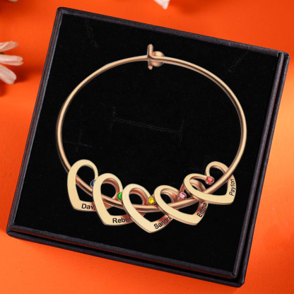 2 Names-Personalized Heart Bangle With 2 Names and Birthstones Bangle Bracelet Gifts For women